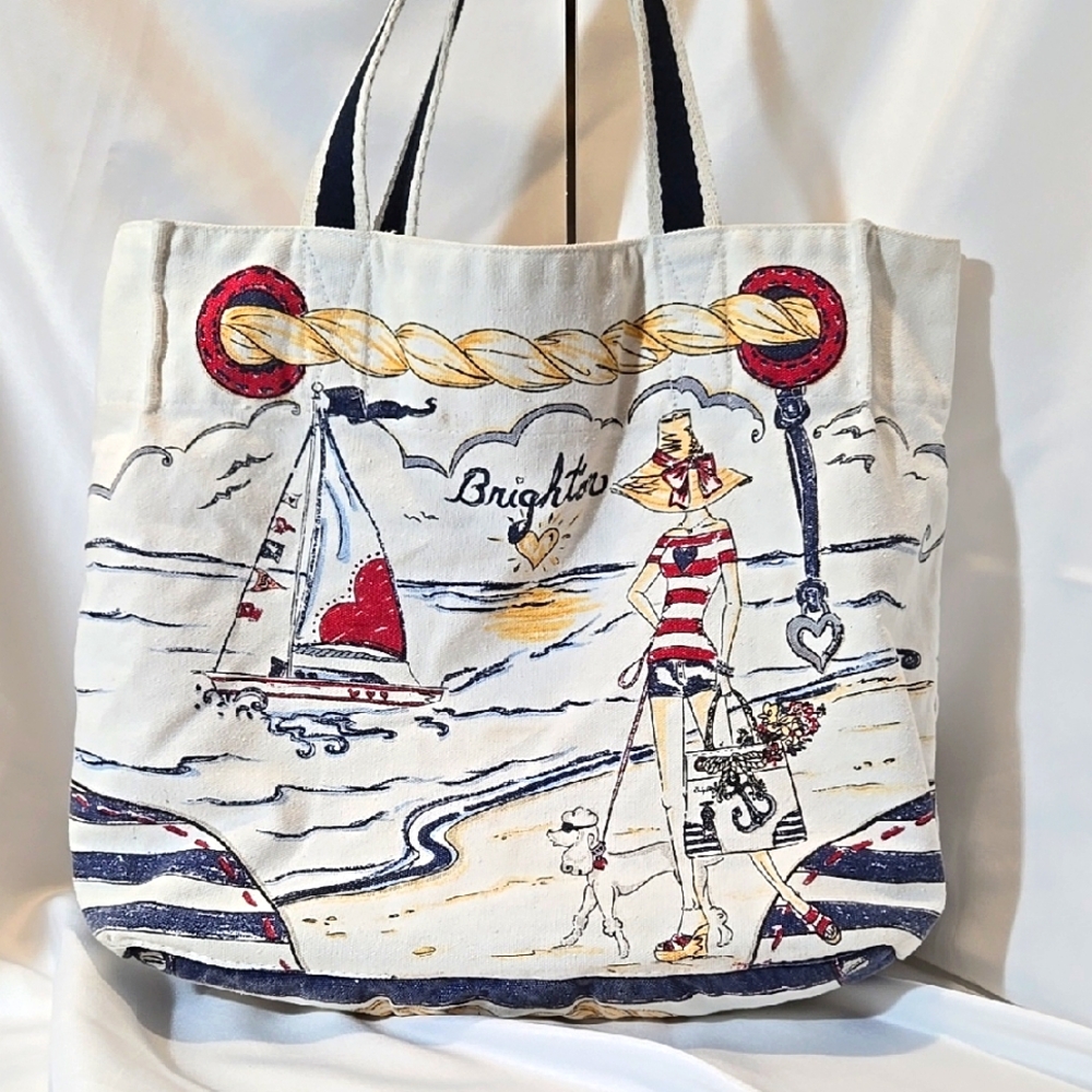 Brighton Nautical Canvas Tote Bag Wish Upon A Star Beach Striped Theme